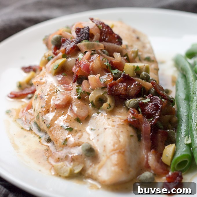 Chicken tapenade with bacon, capers, lemon, olives, and butter, shows low carb eating at it's best.