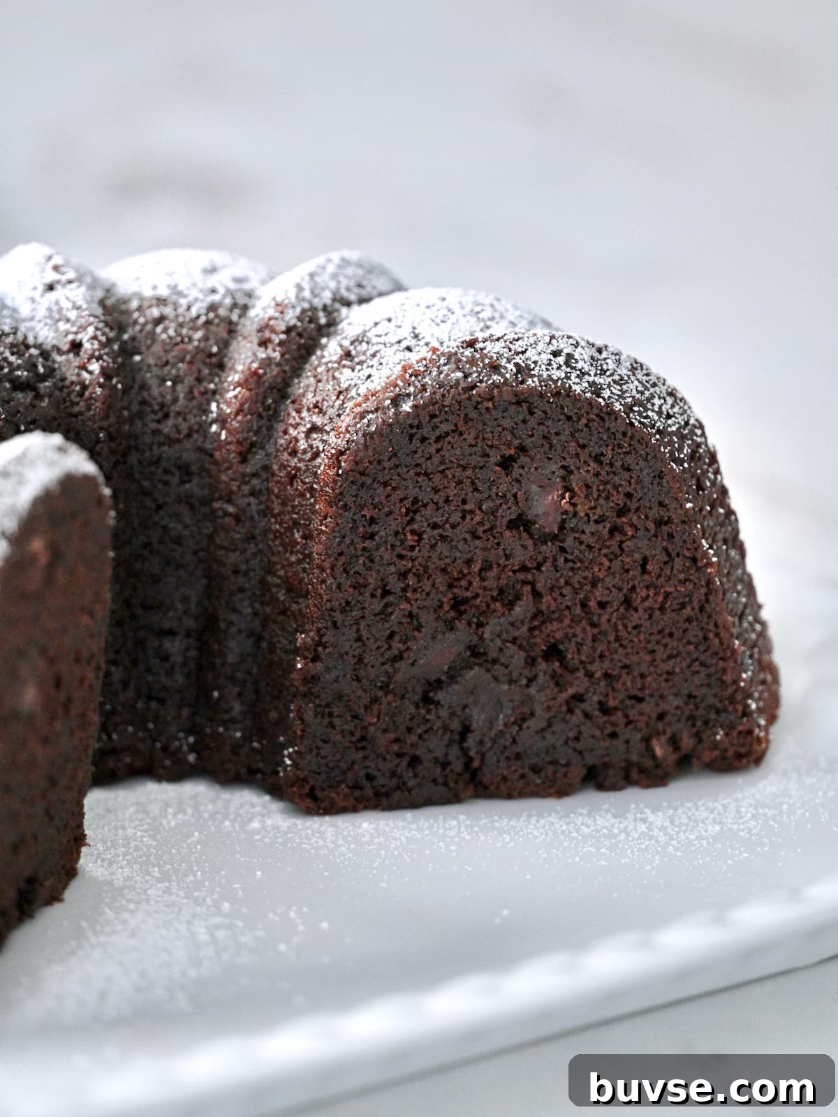 Moist Double Chocolate Chip Bundt Cake 2 Sliced chocolate bundt cake showing moist crumb and melted chocolate chips, dusted with powdered sugar.