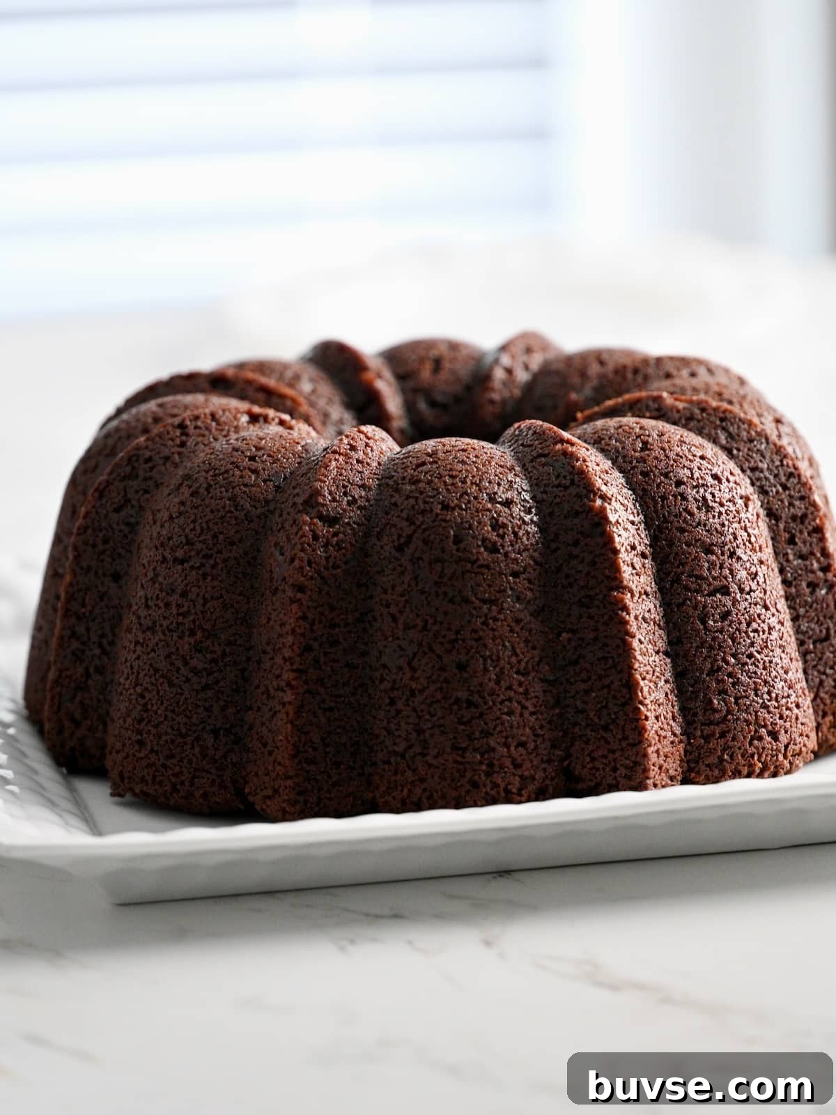 Moist Double Chocolate Chip Bundt Cake 9 Whole baked chocolate bundt cake with defined ridges resting on a white platter.