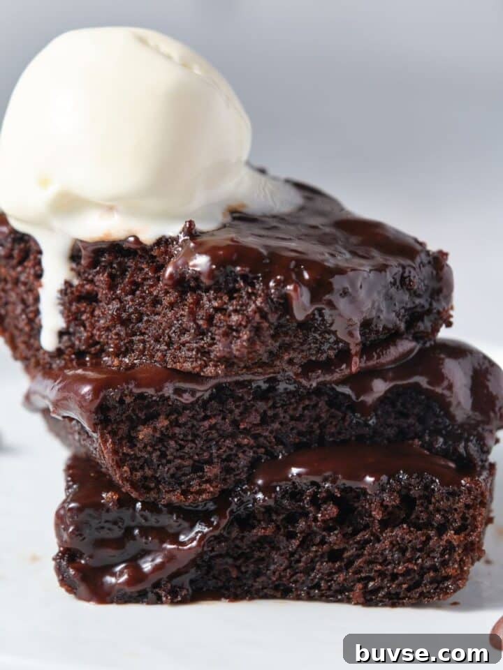 Moist Double Chocolate Chip Bundt Cake 12 Several moist chocolate fudge cake slices with vanilla ice cream on top.