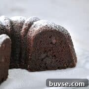 Cross section of a chocolate bundt cake showing ultra-moist chocolate crumb and pockets of chocolate chips.