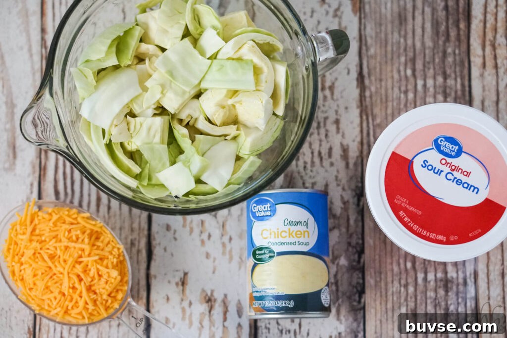 Ingredients for Scalloped Cabbage Casserole: chopped cabbage, cheddar, cream soup, sour cream