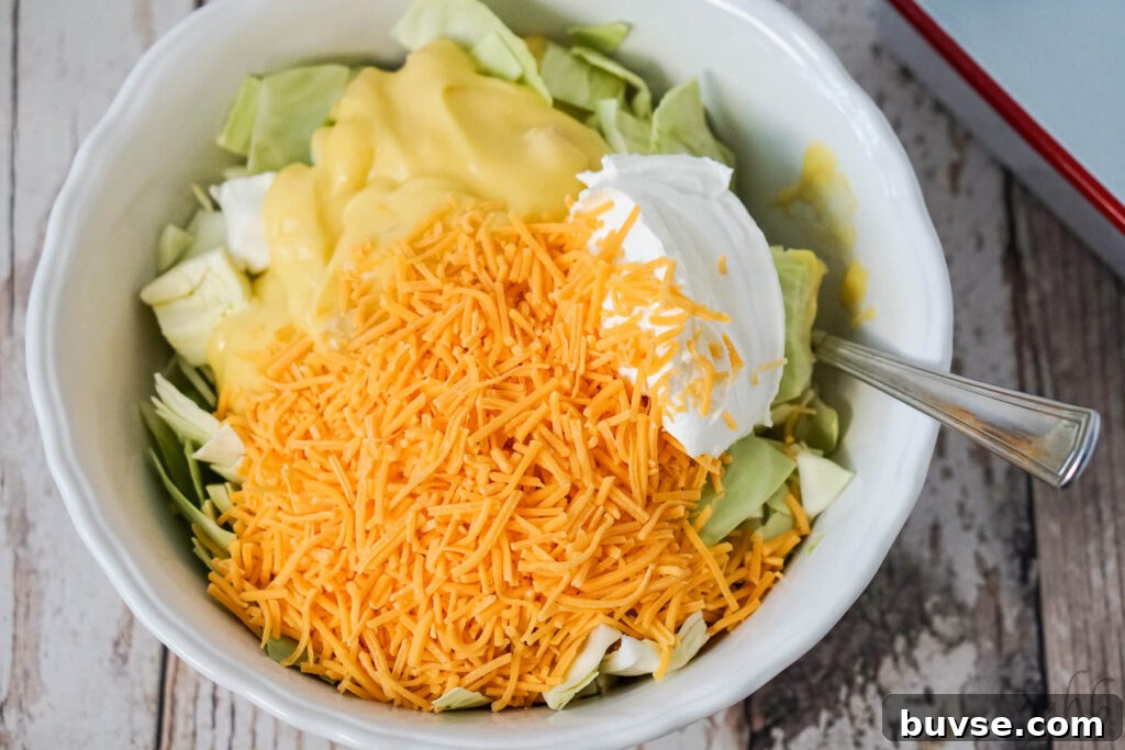 Bowl with cabbage, shredded cheese, cream of chicken soup, and sour cream mixed together