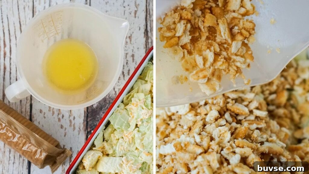 Melted butter mixed with crushed crackers for topping
