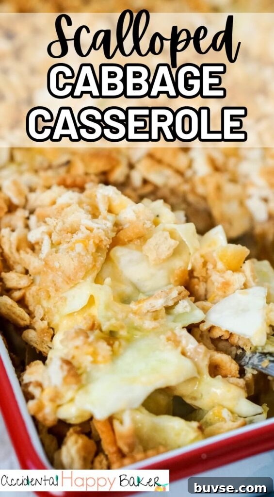 Scalloped Cabbage Casserole pin image: creamy cabbage with buttery crumb topping