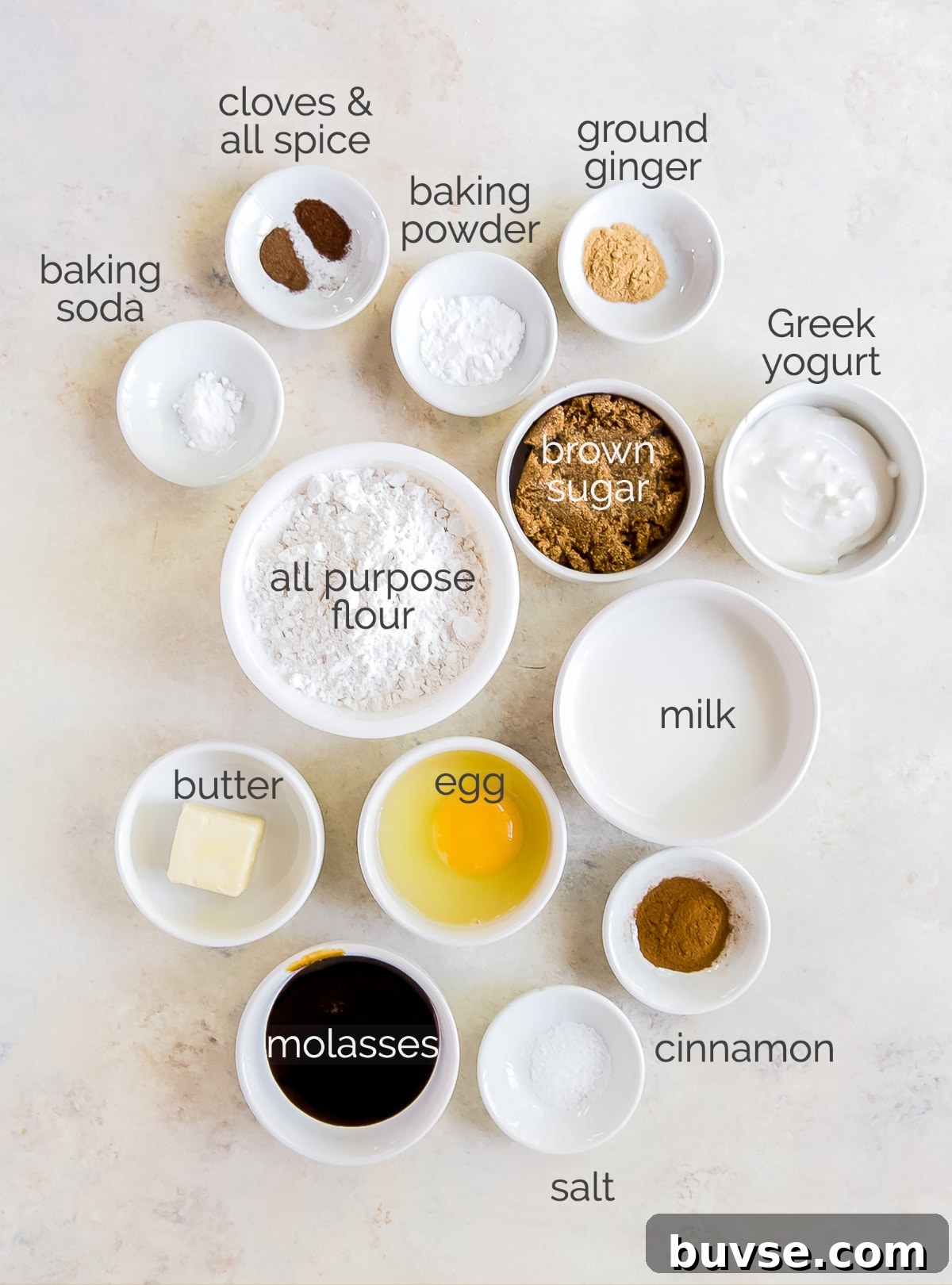 gingerbread donut ingredients in bowls labeled with text