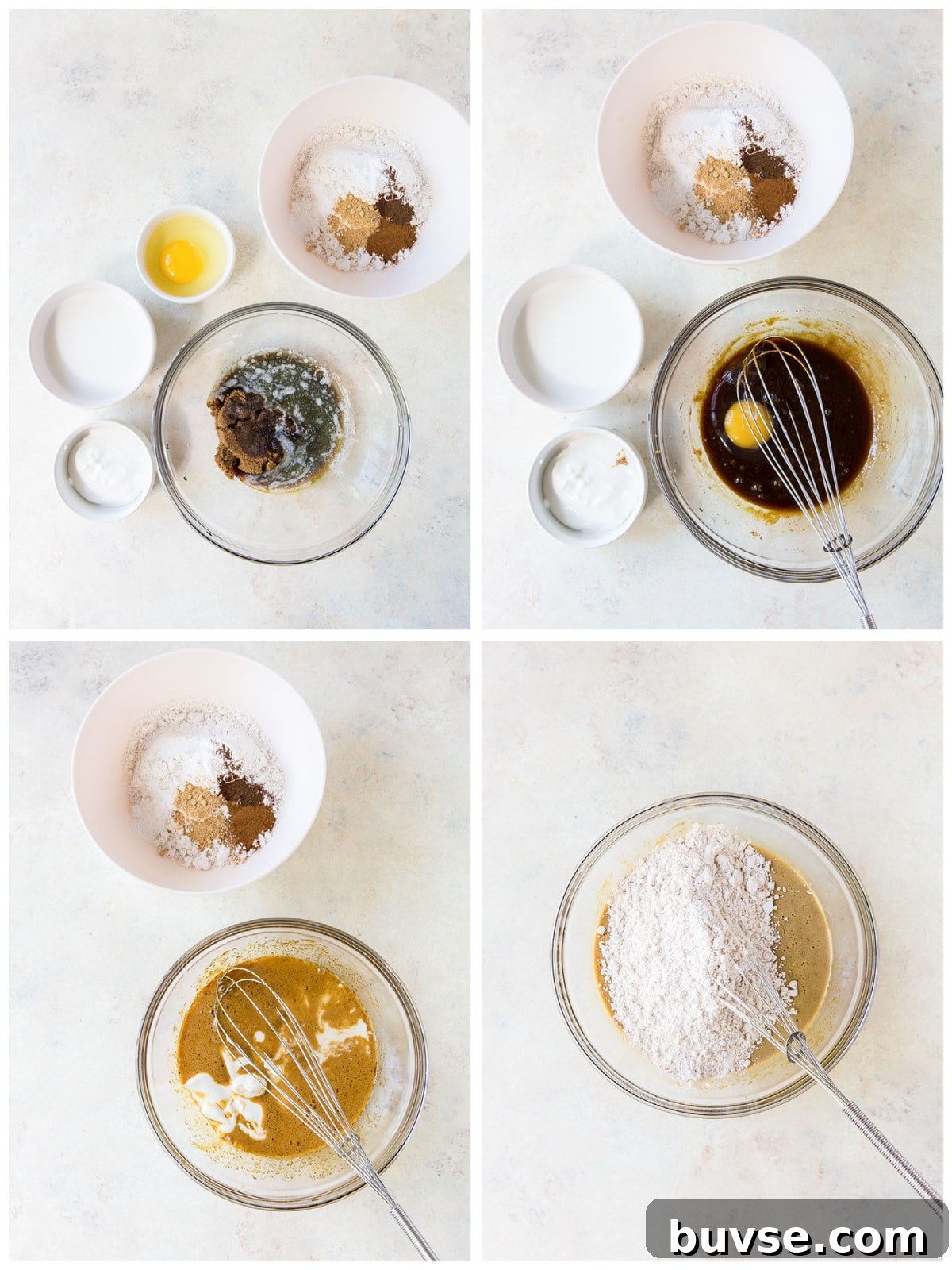 photo collage demonstrating how to make batter for gingerbread donuts