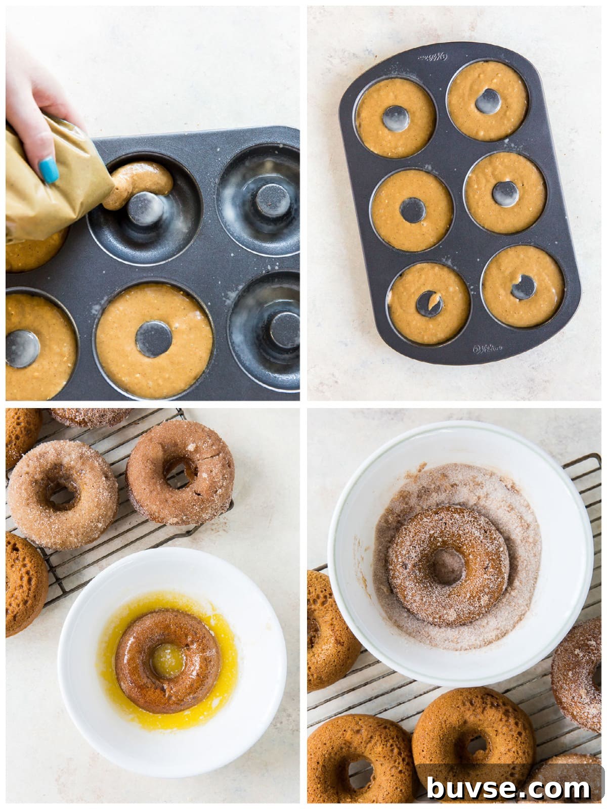 photo collage demonstrating how to make donuts in donut tin and coat donuts in cinnamon sugar
