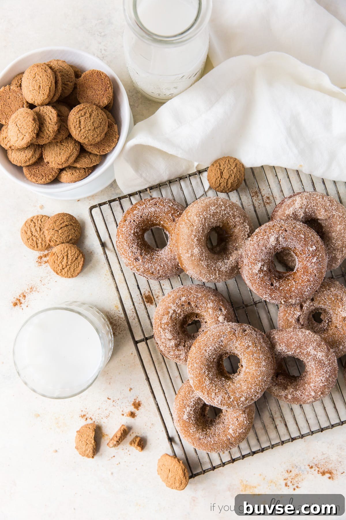 gingerbread donuts with cinnamon sugar on wire cooling rack next to bowl of small ginger cookies