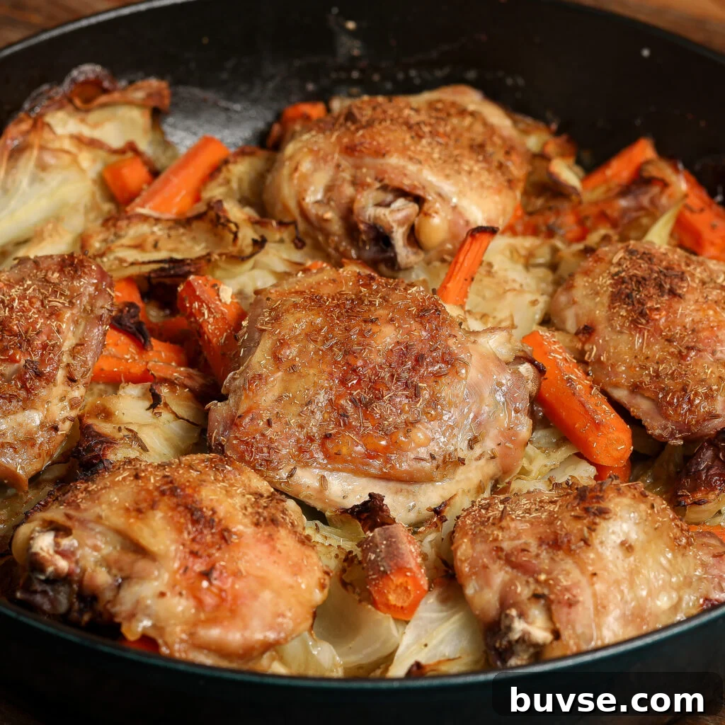 Roasted Chicken with Cabbage and Carrots 2 Roasted Chicken with Cabbage and Carrots: golden brown chicken thighs on a bed of sliced carrots, onions, and tender cabbage in a dark baking dish, seasoned with herbs and roasted.