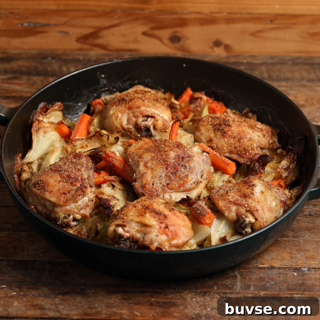 Roasted Chicken with Cabbage and Carrots 4 A black skillet of roasted chicken thighs with cabbage and carrots, baked to a golden finish and ready to serve.