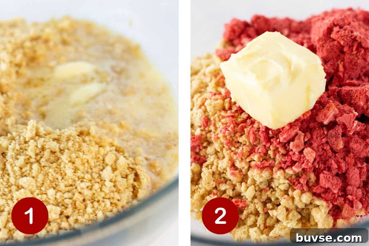 No-Bake Strawberry Crunch Cheesecake Recipe 4 Steps 1 and 2 of making strawberry crunch cheesecake. 1, combine crust ingredients and add to springform pan. 2, make the strawberry crunch topping.