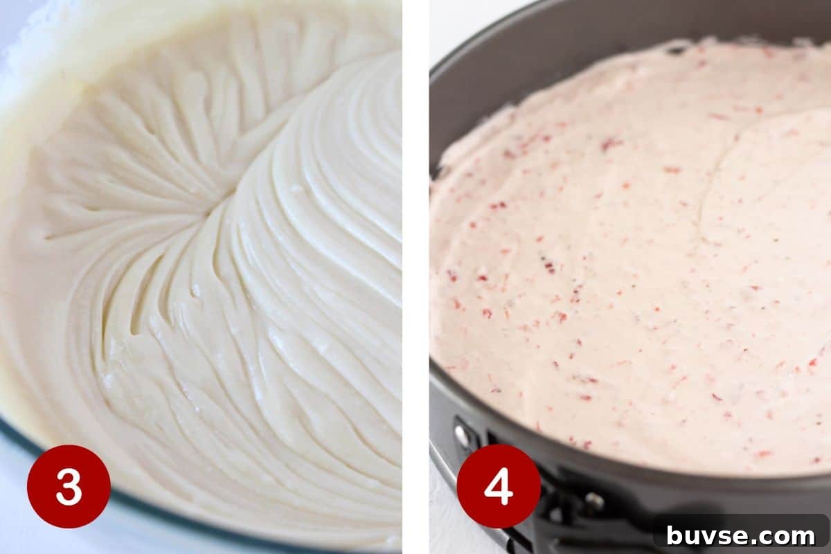 No-Bake Strawberry Crunch Cheesecake Recipe 5 Steps 3 and 4 of making strawberry crunch cheesecake. 3, make the cheesecake filling. 4, divide in half and add strawberry jam to half. Add to crust.