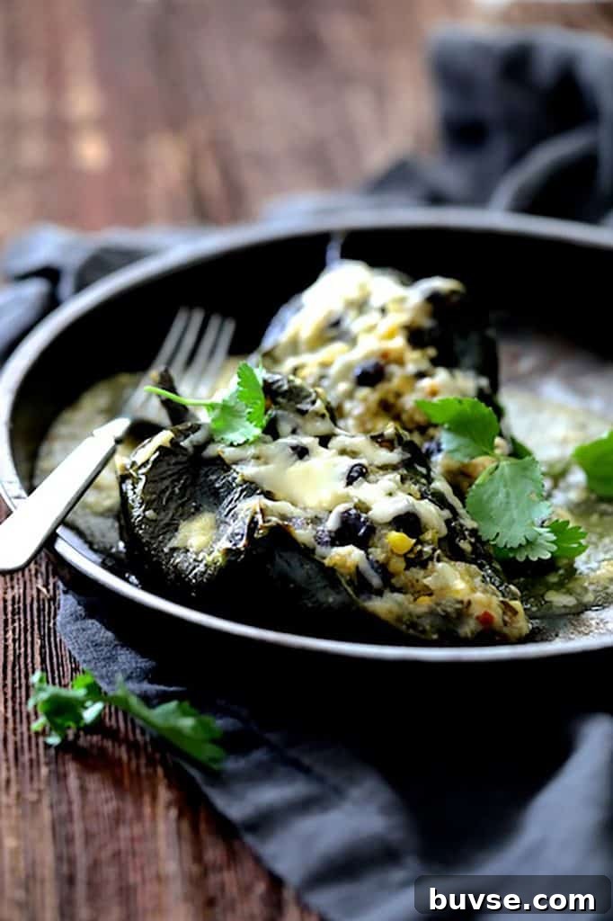 Photo of Quinoa Corn and Black Bean Stuffed Poblano Peppers in dish on gray napkin garnished with cilantro.