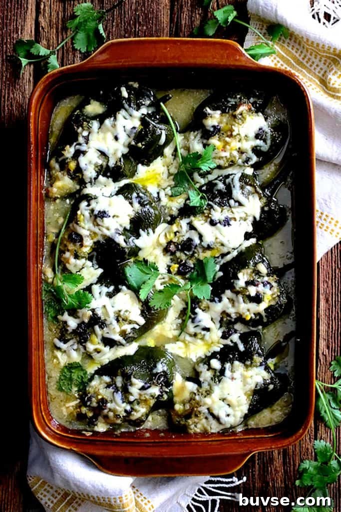 Photo of Quinoa Corn and Black Bean Stuffed Poblano Peppers in terra cotta baking dish on wood background garnished with cilantro.