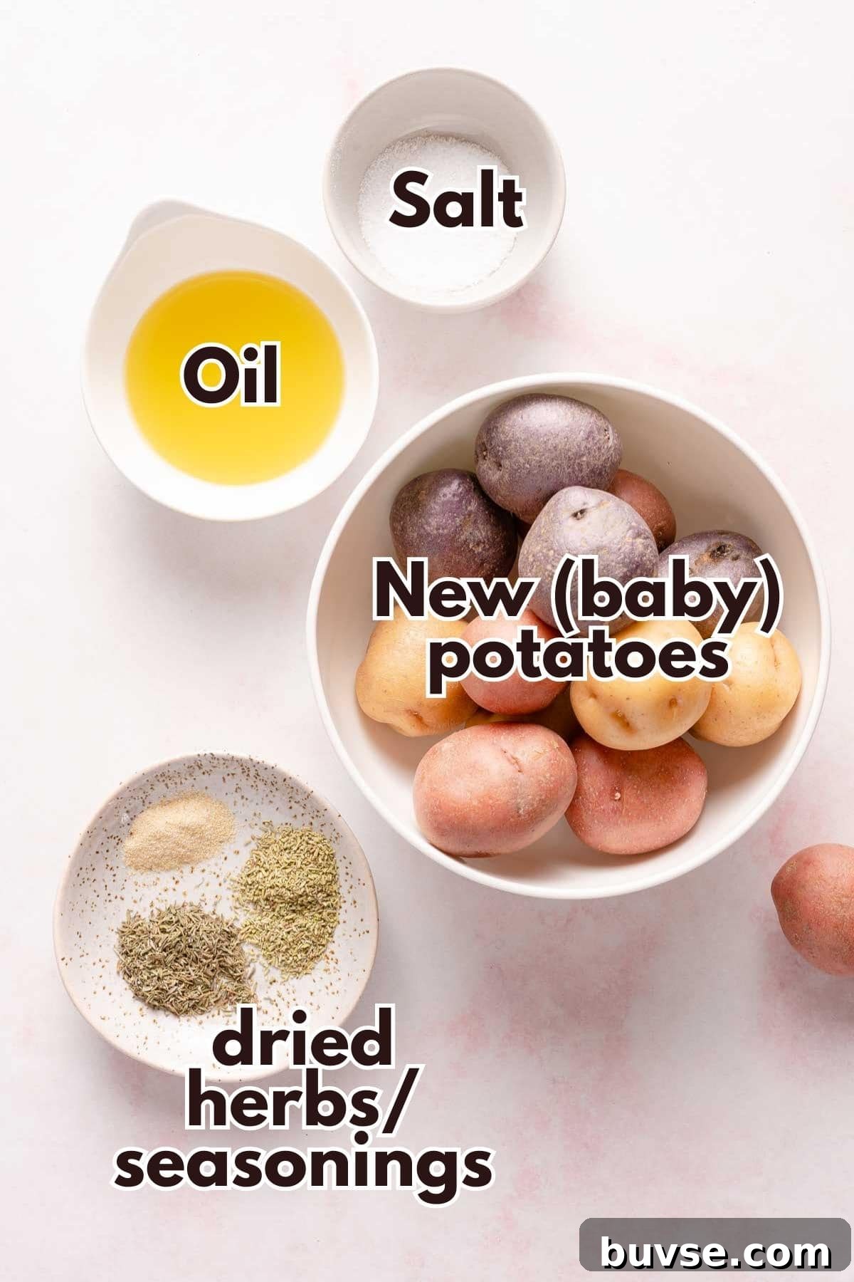 ingredients for air fryer smashed potatoes with labels.