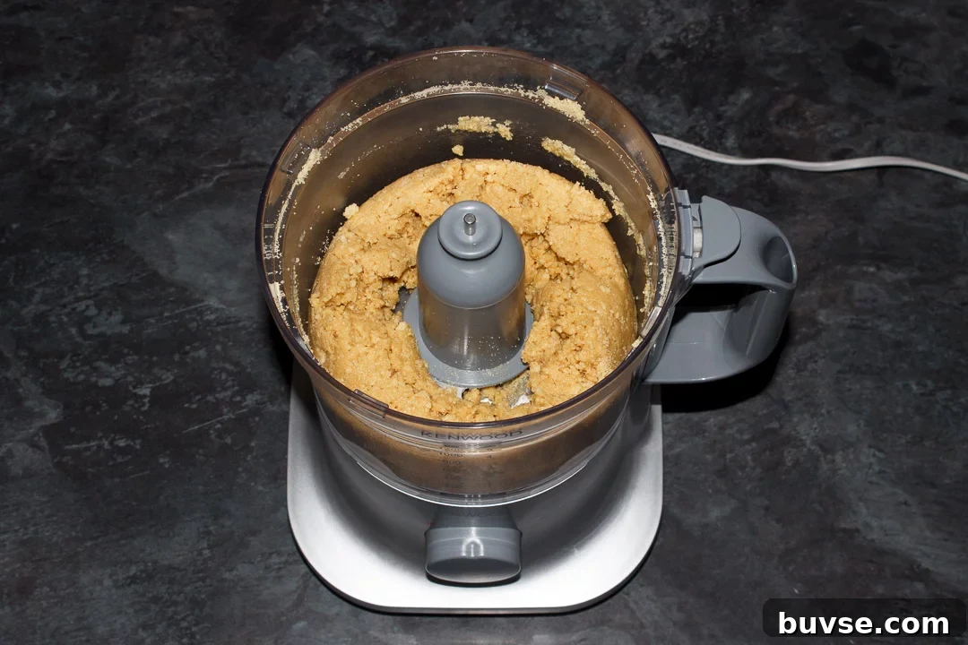 Crushed biscuit crumbs mixed with melted butter in a food processor