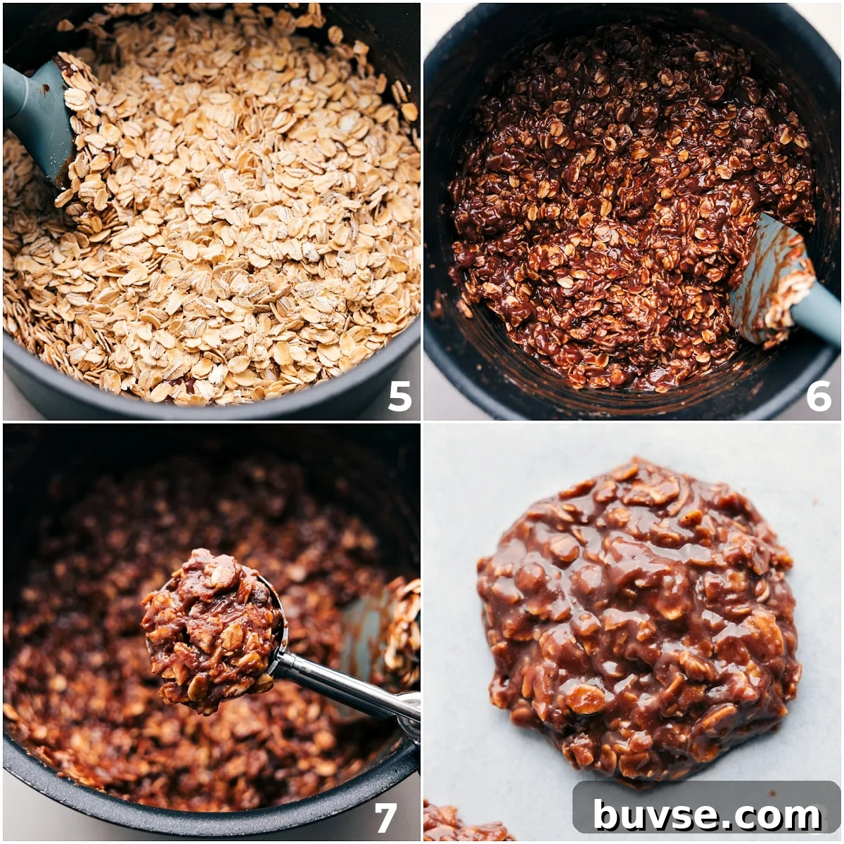 Add in the oats to the chocolate-peanut butter mixtures and measuring out each cookie.