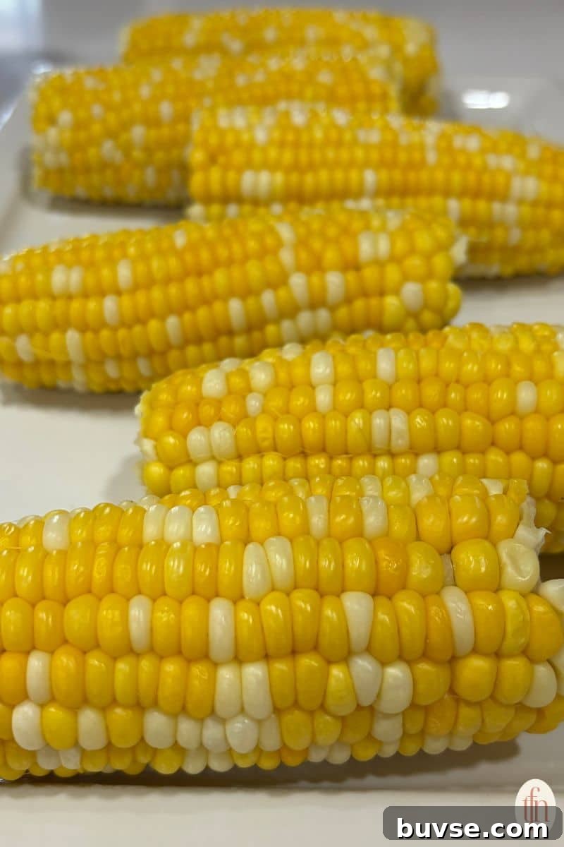 corn on the cob resting on a white serving tray.