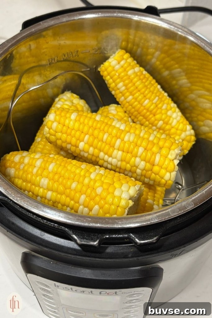 corn on the cob resting on the instant pot.