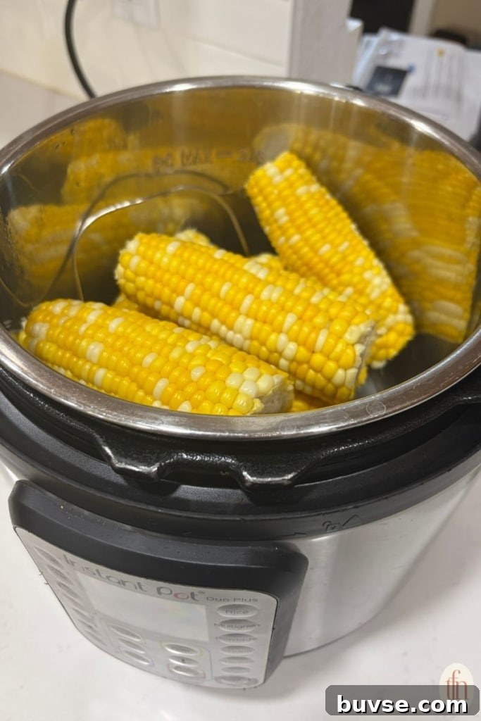 corn on the cob resting on the instant pot.