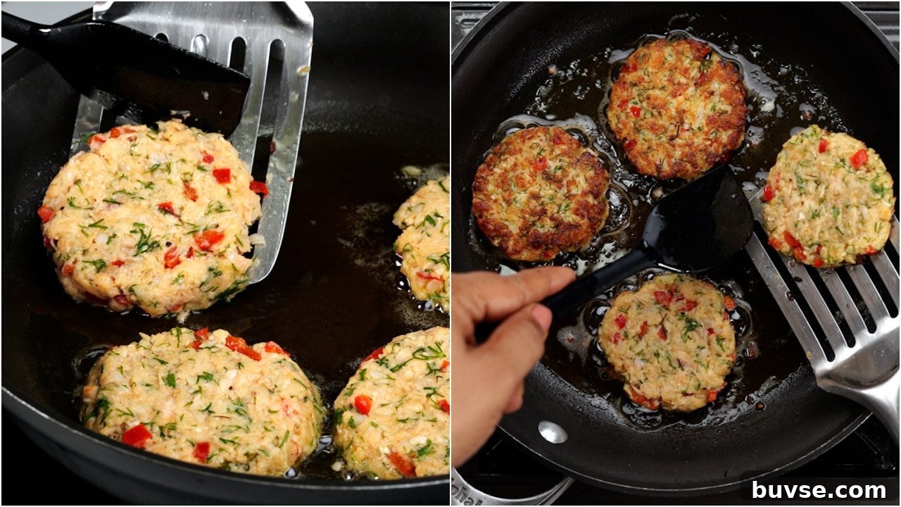 Crispy Homemade Salmon Patties with Lemon Dill Sauce 7 Pan frying salmon patties until crispy.