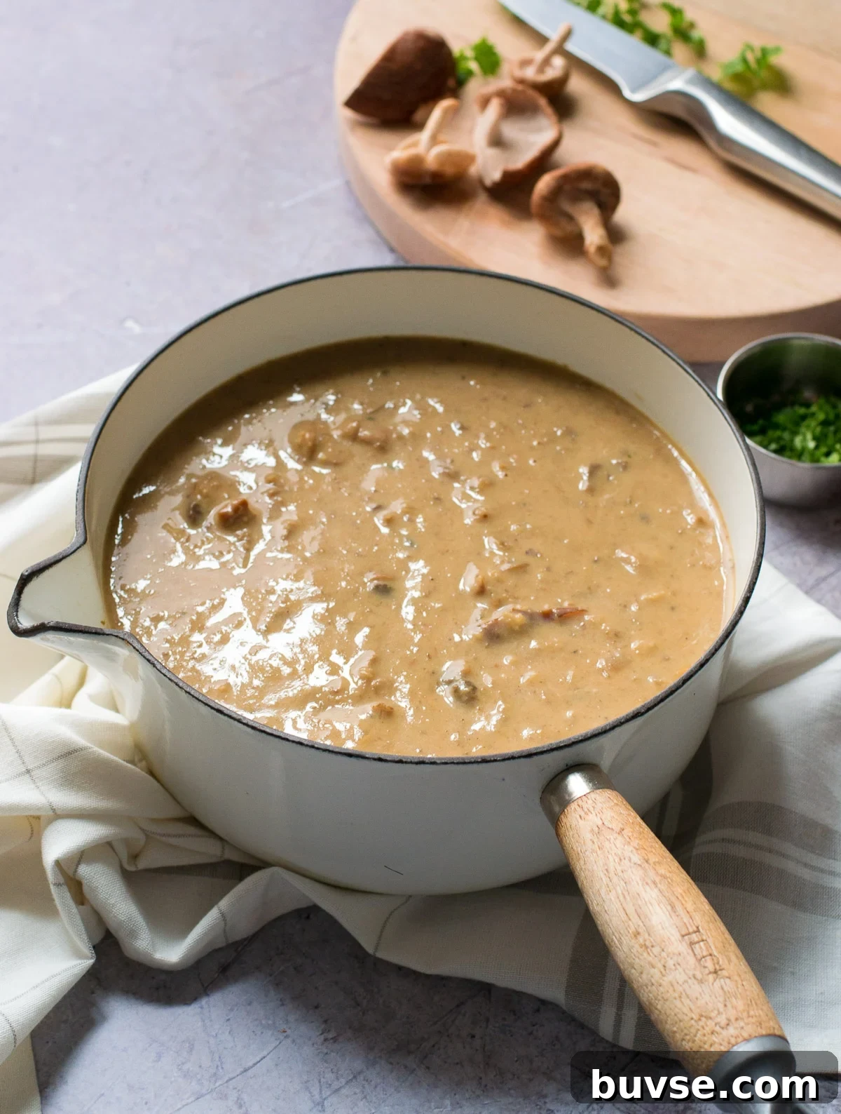 Creamy Vegan Porcini Mushroom Soup Recipe 2 Saucepan of vegan mushroom soup