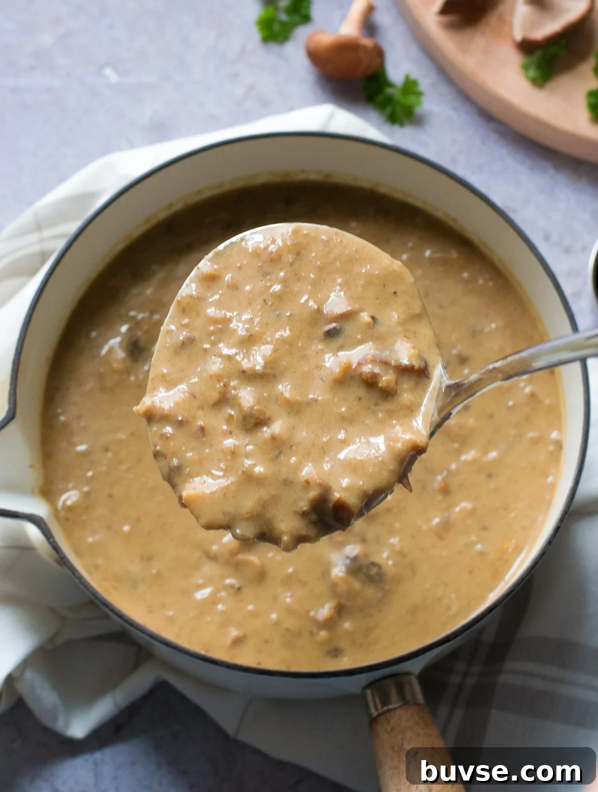 Creamy Vegan Porcini Mushroom Soup Recipe 4 Ladle of mushroom soup