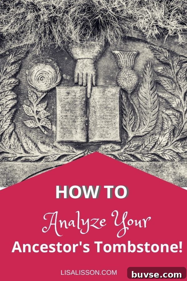 Pin with flat gravestone with hand and open book. Title reads How to Analyze Your Ancestor's Tombstone