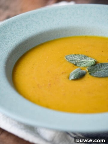 Close-up of butternut squash soup in a blue bowl with sage on top.