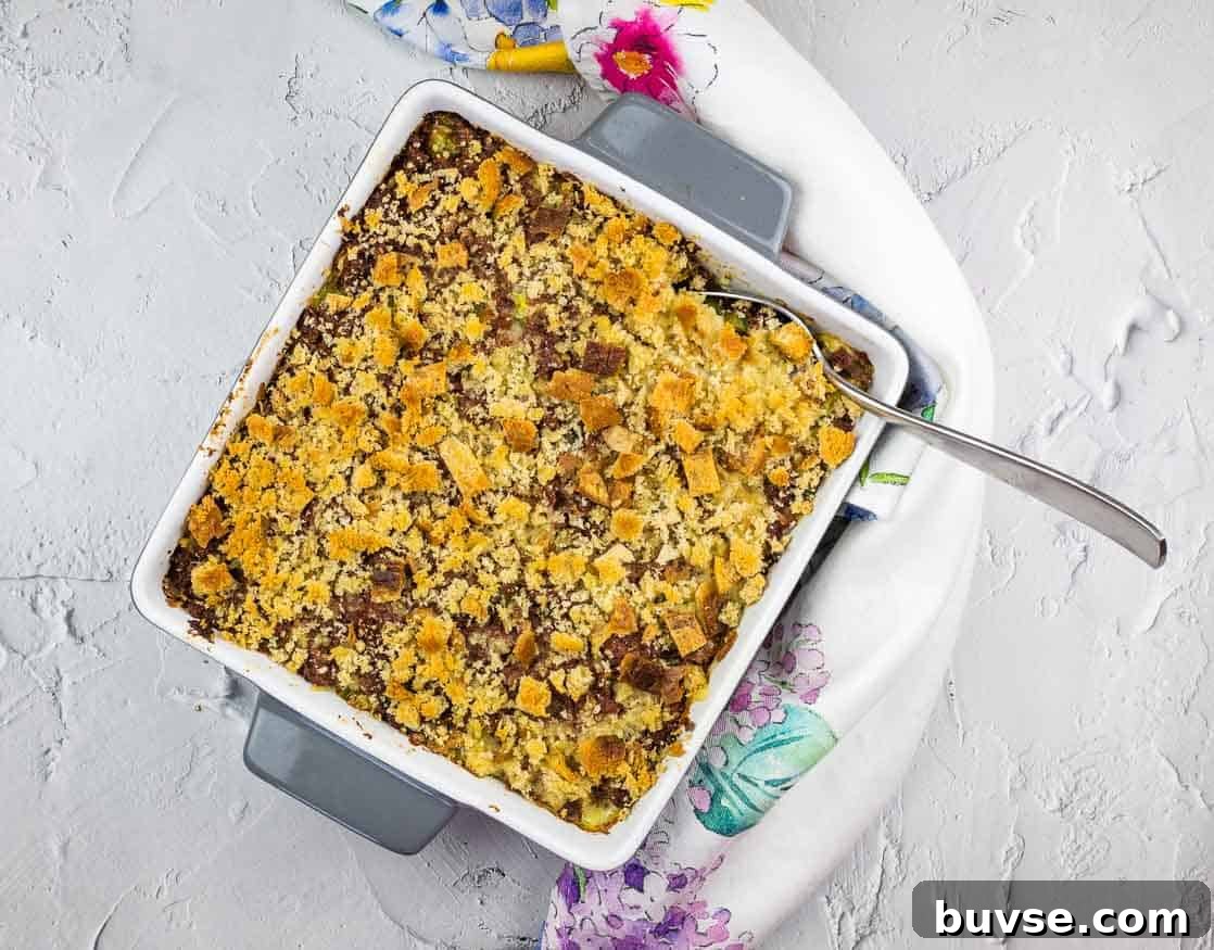 Corned Beef Hash Casserole in a square baking dish.