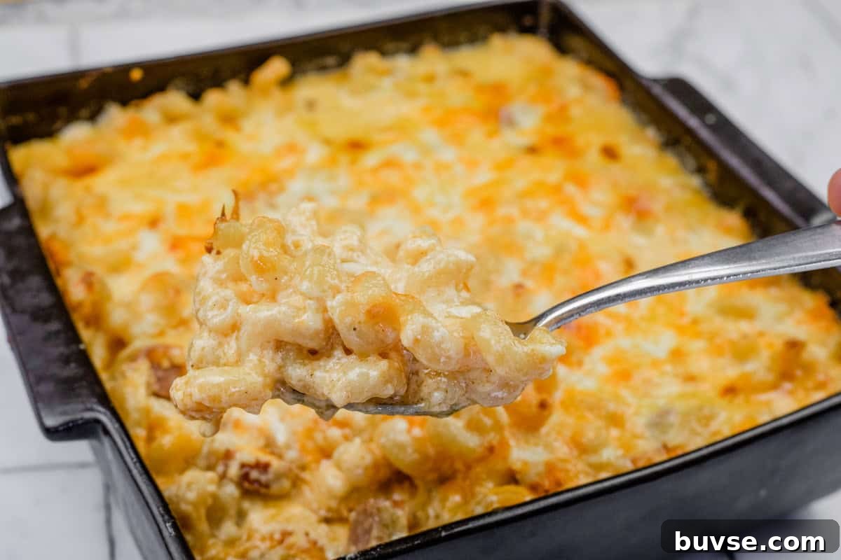 A spoonful of Tini’s Mac & Cheese with a Twist is held above a square baking dish filled with the same dish.