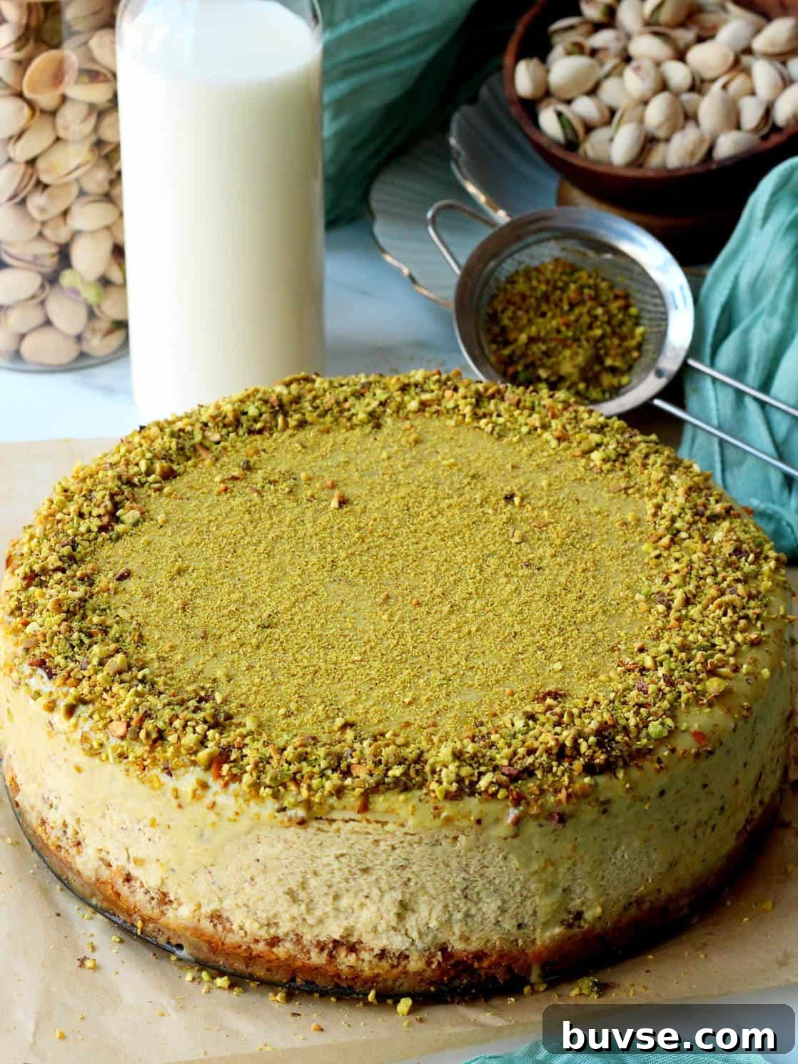 Pistachio cheesecake on parchment paper, with jar of milk behind it. Jar of pistachios and green napkin in the background.