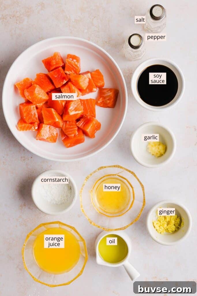Ingredients for teriyaki salmon bites on a countertop with labels.