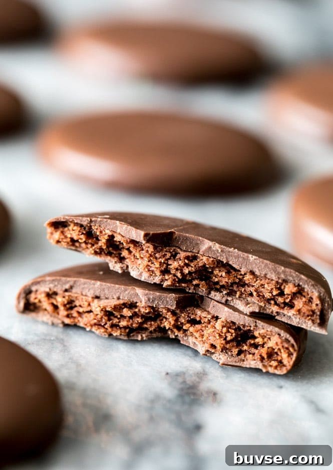 A thin chocolate wafer cookie coated in chocolate, broken in half to showcase the crisp center and chocolate cloak