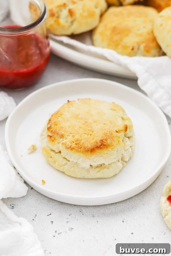 Front view of gluten-free biscuits on a plate with raspberry freezer jam on the side