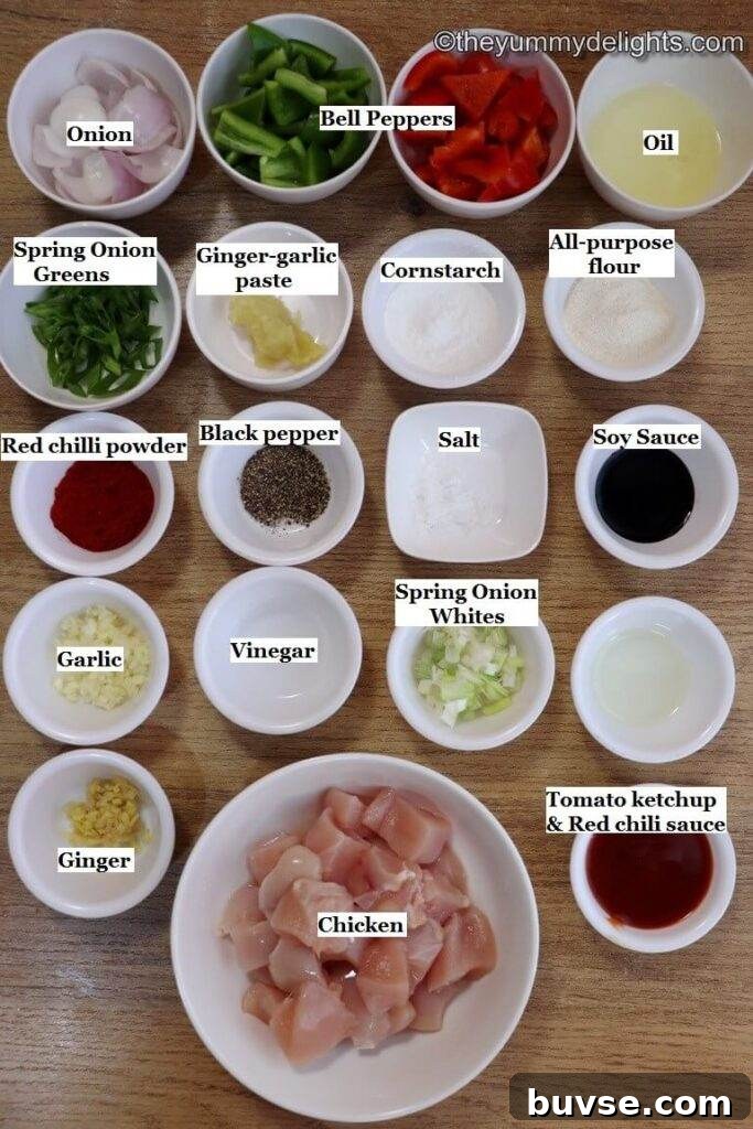 Restaurant-Style Chilli Chicken Dry Recipe 3 individually labeled ingredients to make chilli chicken dry is laid out on a table.