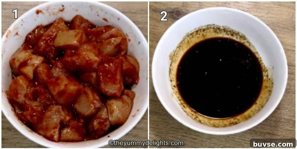 Restaurant-Style Chilli Chicken Dry Recipe 4 Collage image of 2 steps showing marinating the chicken and preparing the sauce mix.