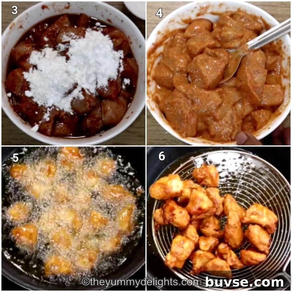 Restaurant-Style Chilli Chicken Dry Recipe 5 Collage image of 4 steps showing how to make chinese chilli chicken dry. It shows addition of flour to the marinated chicken and frying it.