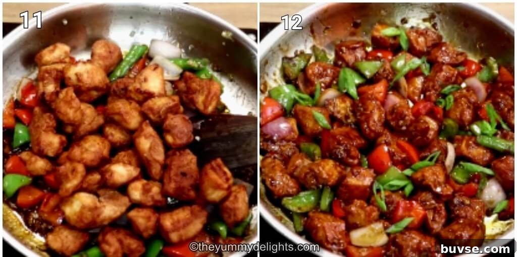 Restaurant-Style Chilli Chicken Dry Recipe 6 Collage image of 2 steps showing addition of chicken and tossing it with sauce.