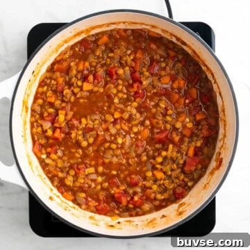 Cooked vegan lentil soup seasoned with salt and black pepper in a large pot.