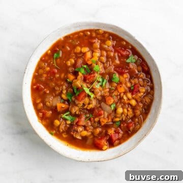 Vegan lentil soup served in a bowl and topped with fresh parsley.
