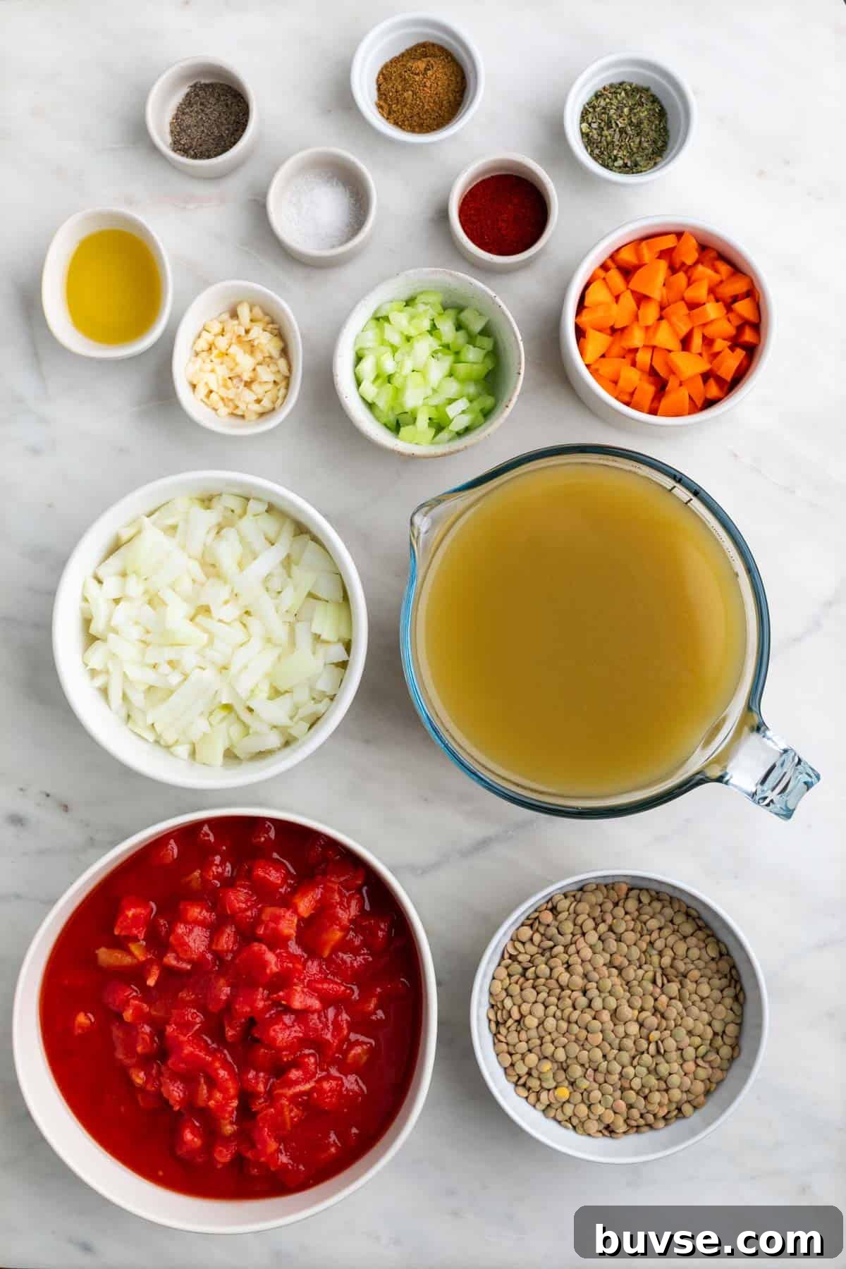 Ingredients to make vegan lentil soup.