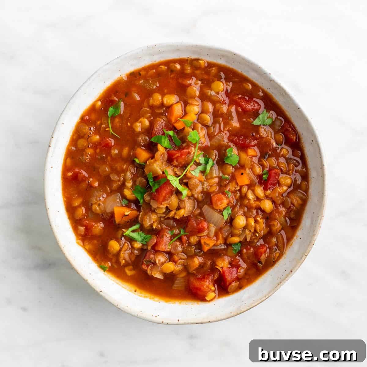 Vegan lentil soup served in a bowl and topped with fresh parsley.