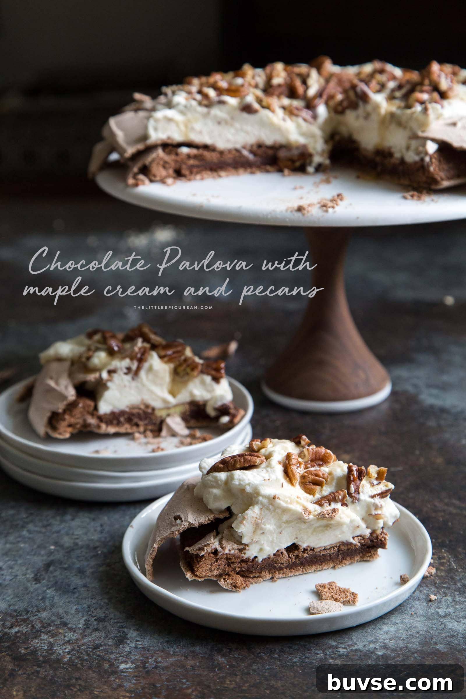 Decadent Chocolate Pavlova with Maple Cream and Toasted Pecans 2 Chocolate Pavlova with maple and pecans