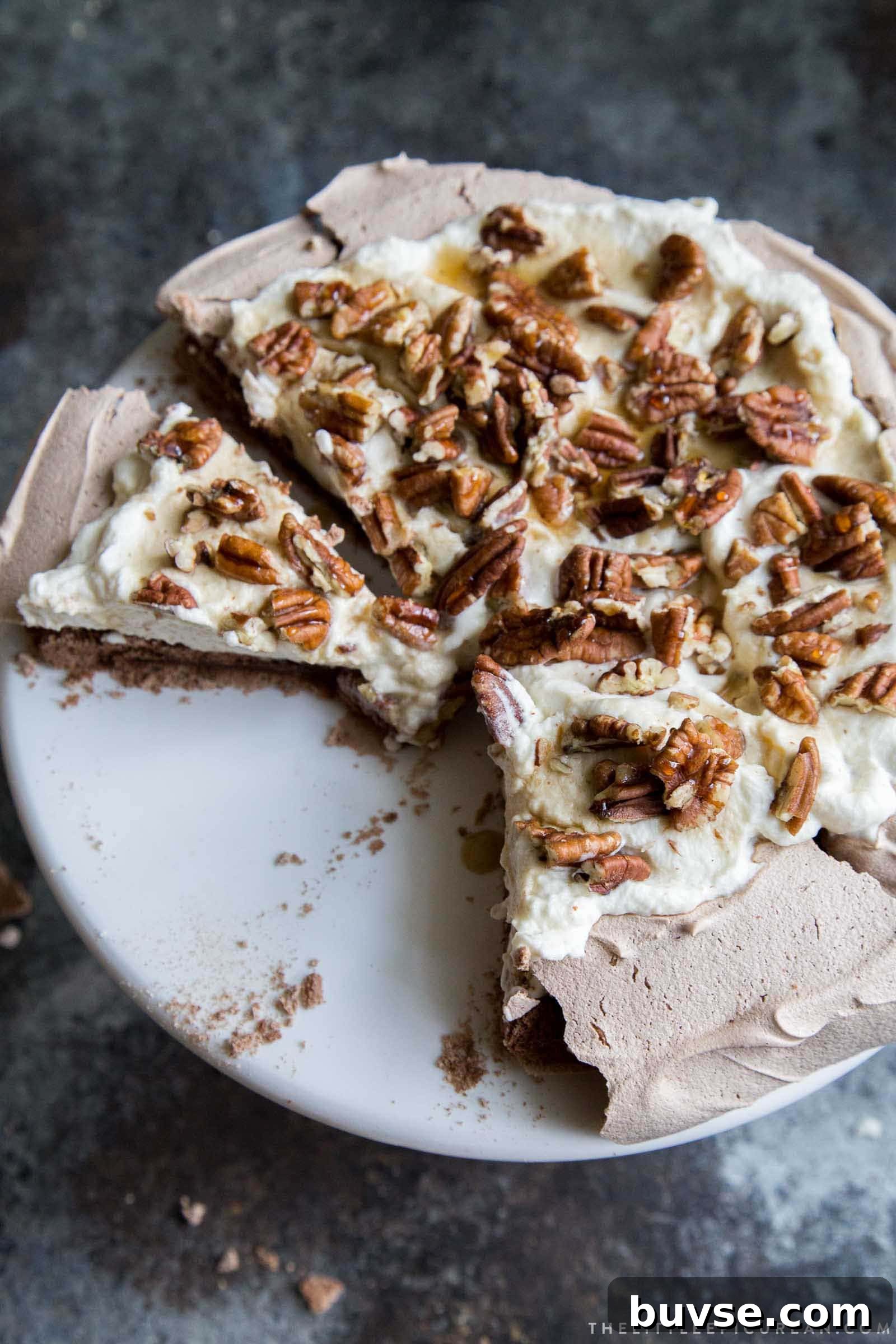 Decadent Chocolate Pavlova with Maple Cream and Toasted Pecans 9 Chocolate Pavlova with maple and pecans