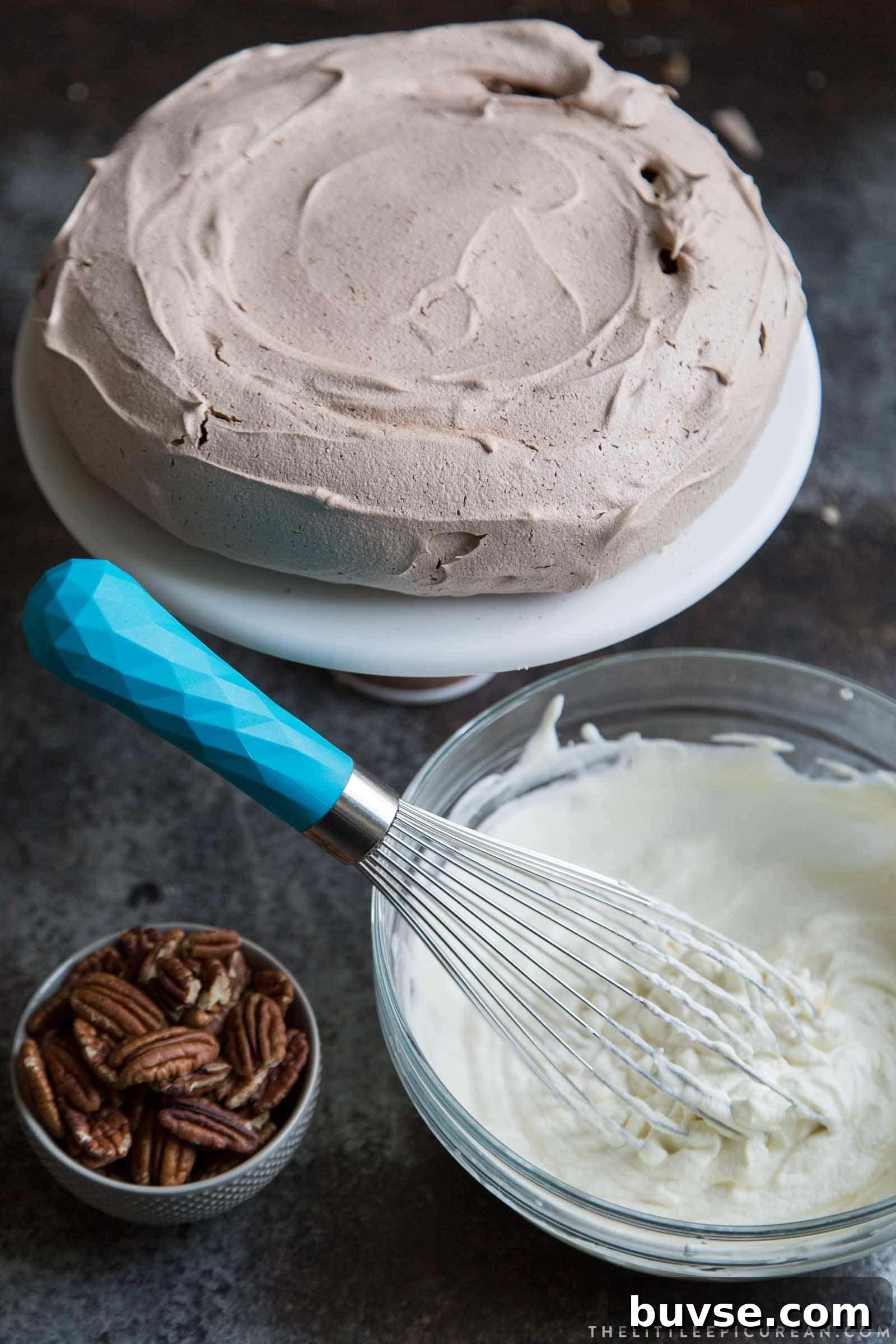Decadent Chocolate Pavlova with Maple Cream and Toasted Pecans 4 Chocolate Pavlova with maple and pecans