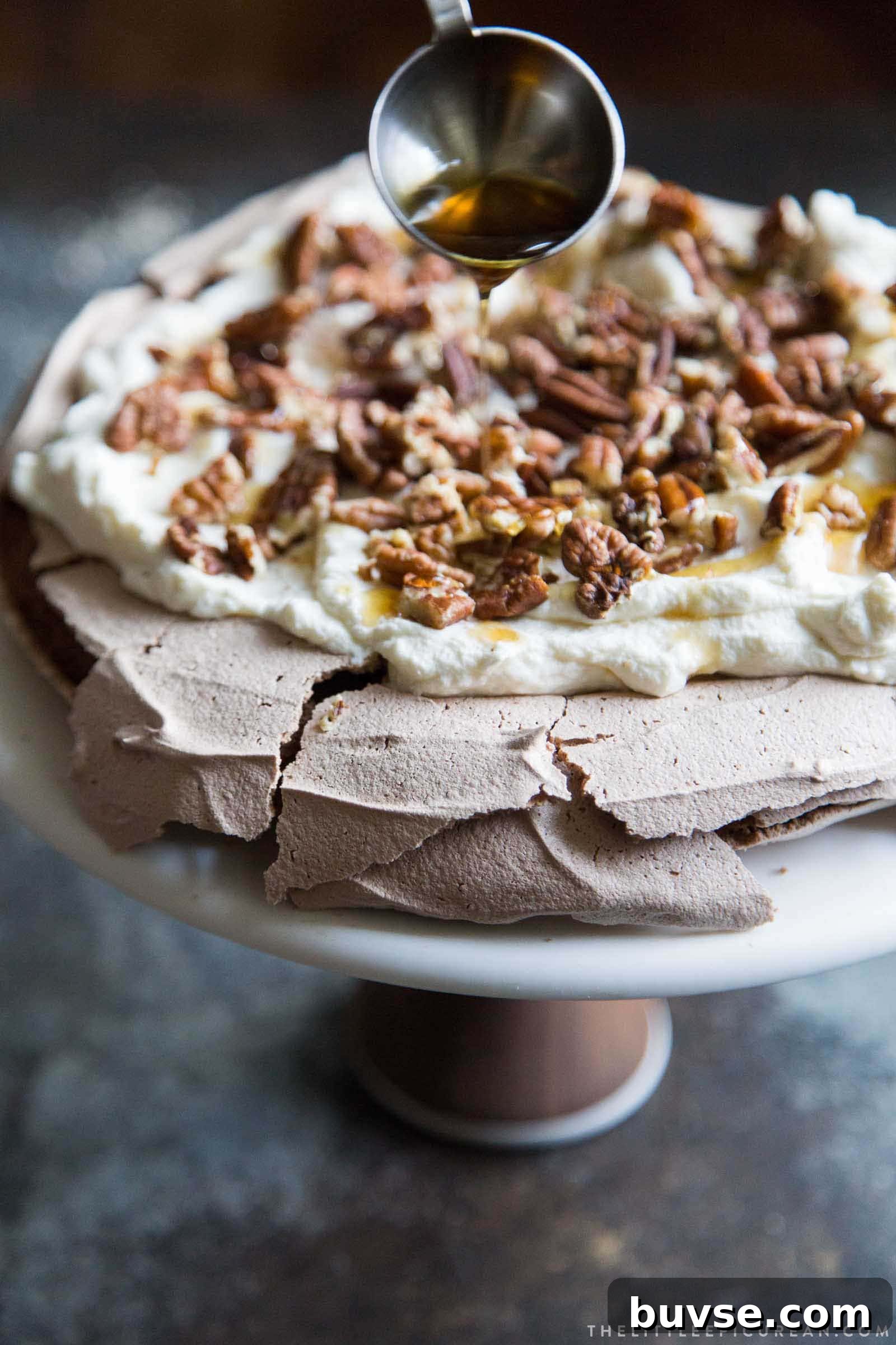 Decadent Chocolate Pavlova with Maple Cream and Toasted Pecans 5 Chocolate Pavlova with maple and pecans