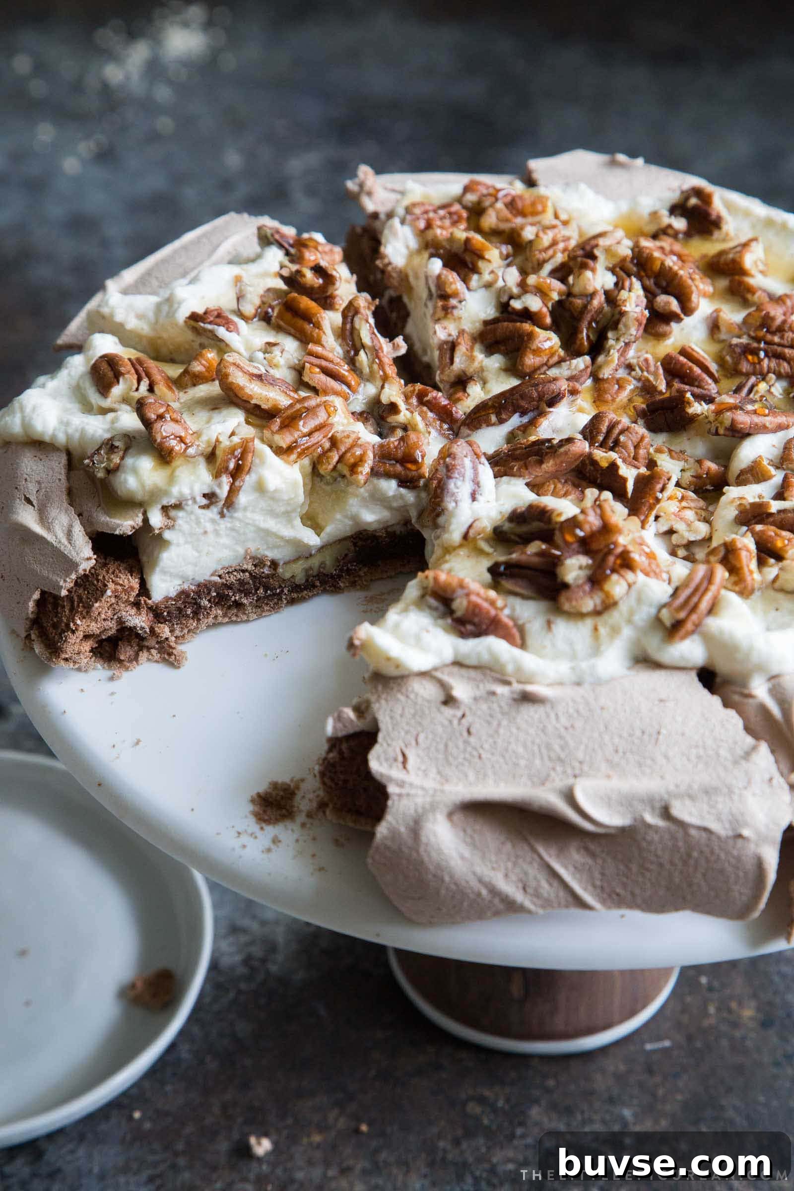 Decadent Chocolate Pavlova with Maple Cream and Toasted Pecans 6 Chocolate Pavlova with maple and pecans