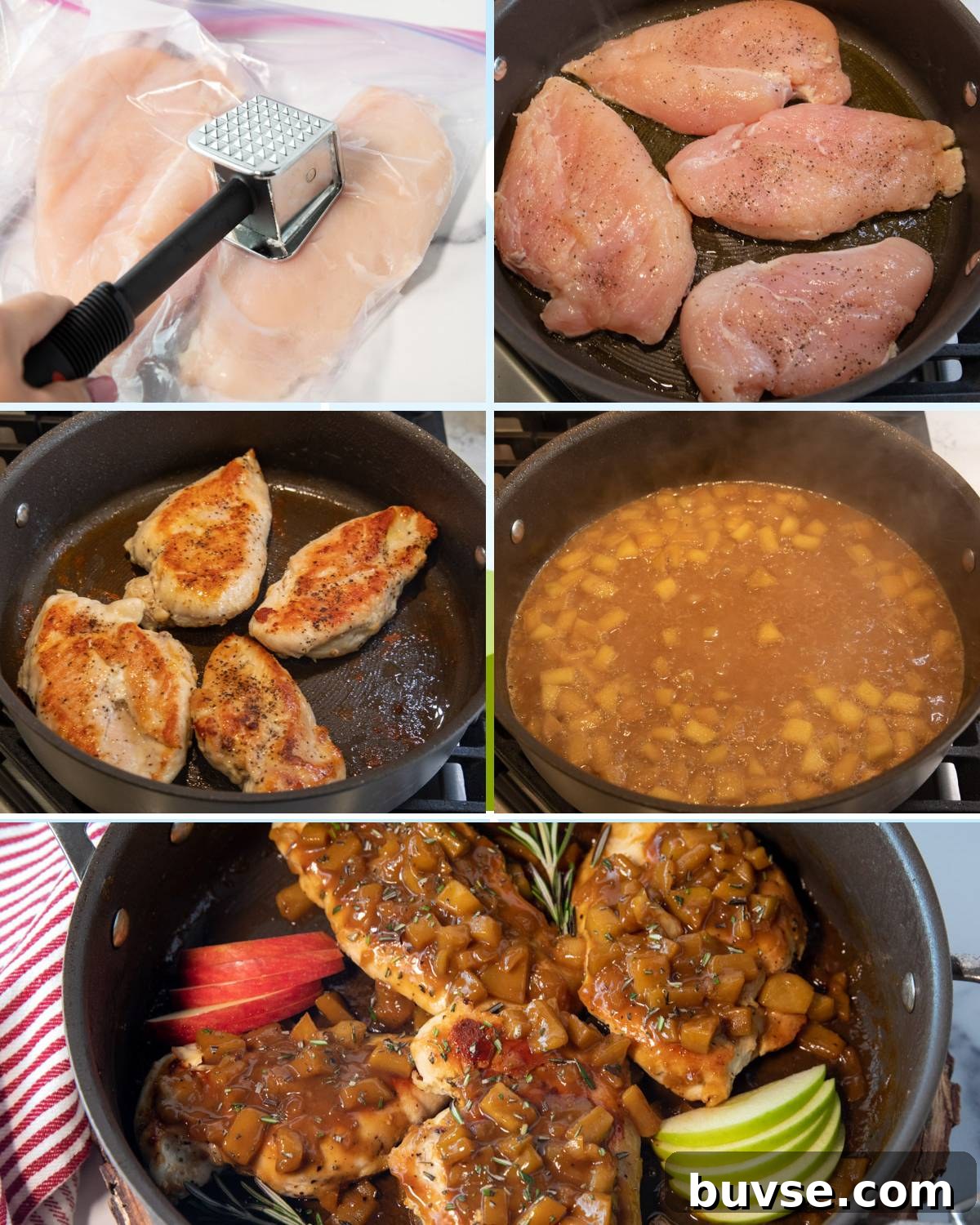 One-Pan Chicken in Apple Cider Sauce Recipe 3 pictures showing how to make chicken with apple cider sauce
